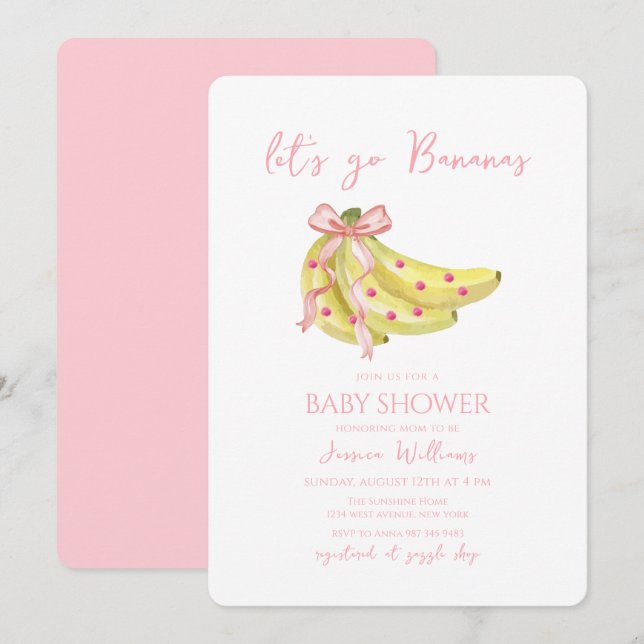 Convites Pink Bow Let's Go Bananas Baby Shower (Frente/Verso)