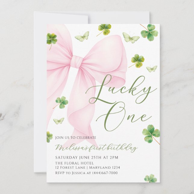 Convites Pink Bow Lucky One Shamrock Clover 1st Birthday (Frente)