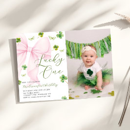 Convites Pink Bow Lucky One Shamrock Clover 1st Birthday   