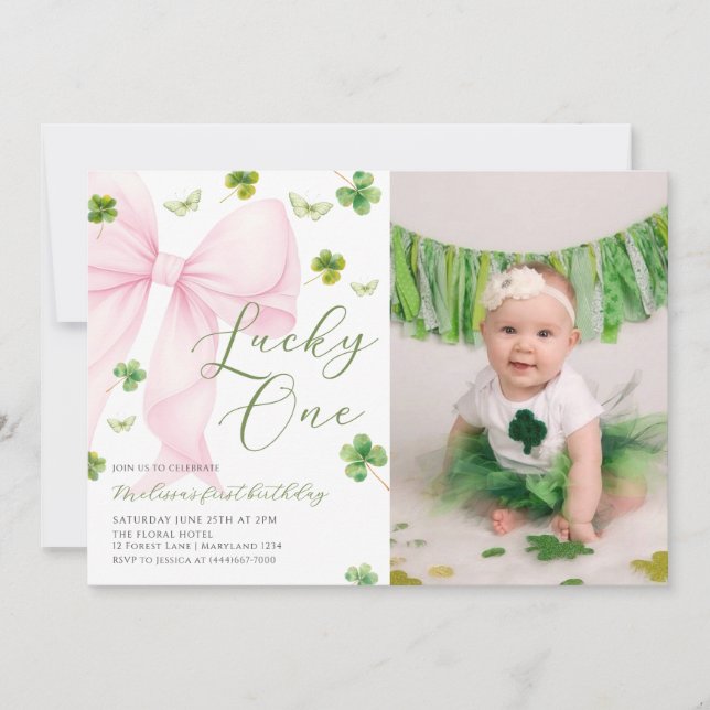Convites Pink Bow Lucky One Shamrock Clover 1st Birthday    (Frente)
