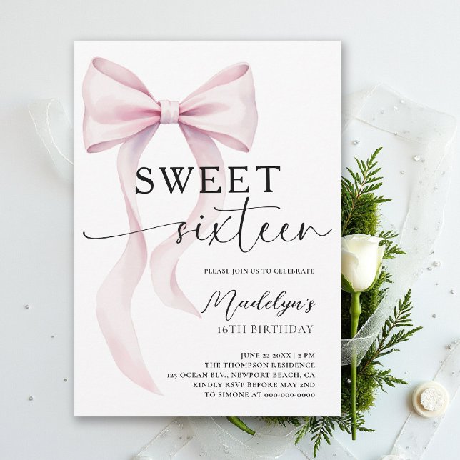 Convites Pink Bow Modern Elegant Simple Classy Sweet 16 (sweet sixteen birthday party invitation pink bow simple classy script trendy fashion teen)