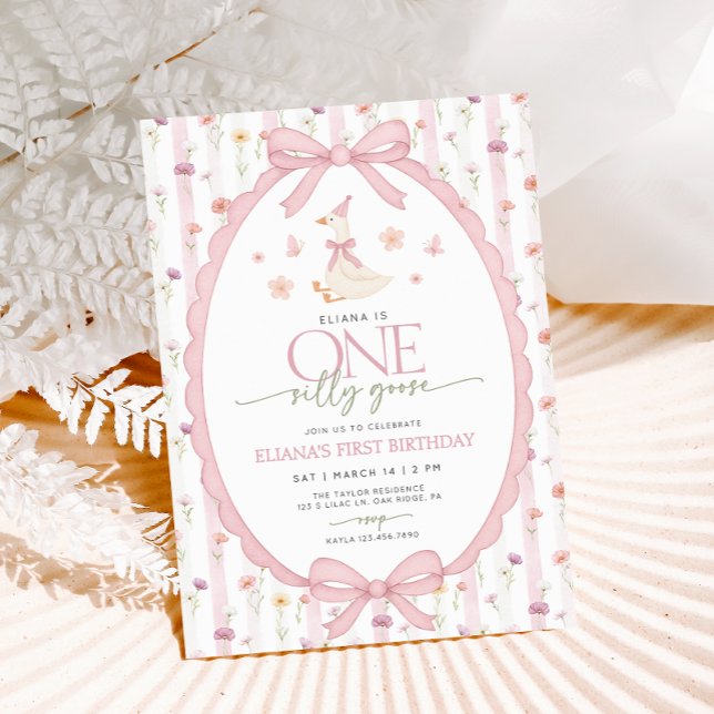 Convites Pink Bow One Silly Goose Floral 1st Birthday (Criador carregado)
