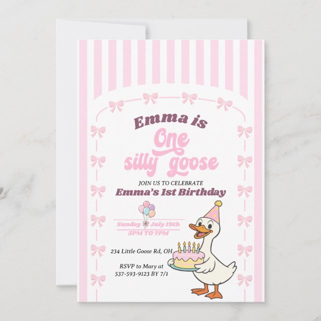 Convites Pink Bow One Silly Goose Girl 1st Birthday Party  (Frente)