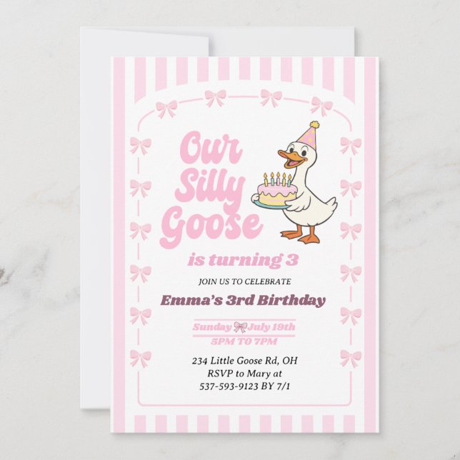 Convites Pink Bow One Silly Goose Girl 3rd Birthday Party (Frente)