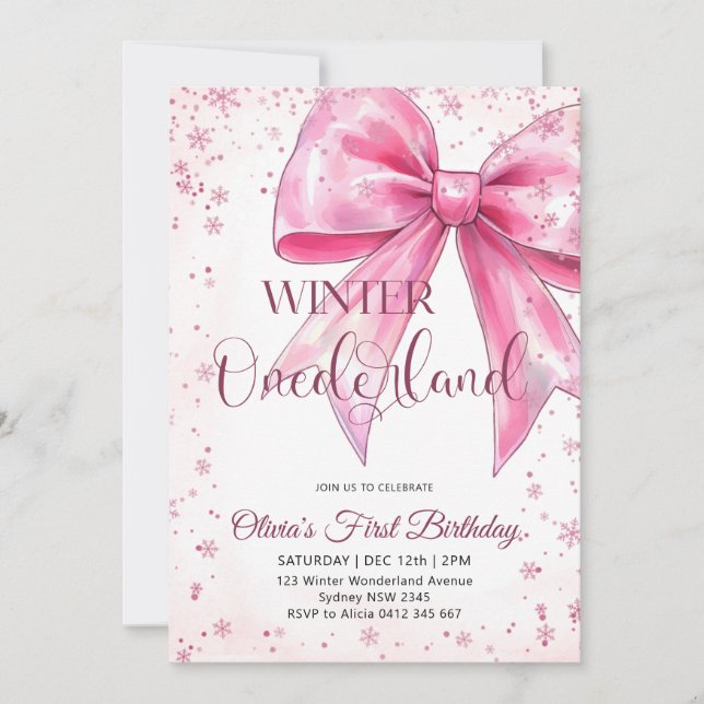 Convites Pink Bow Onederland Christmas Birthday Party (Frente)