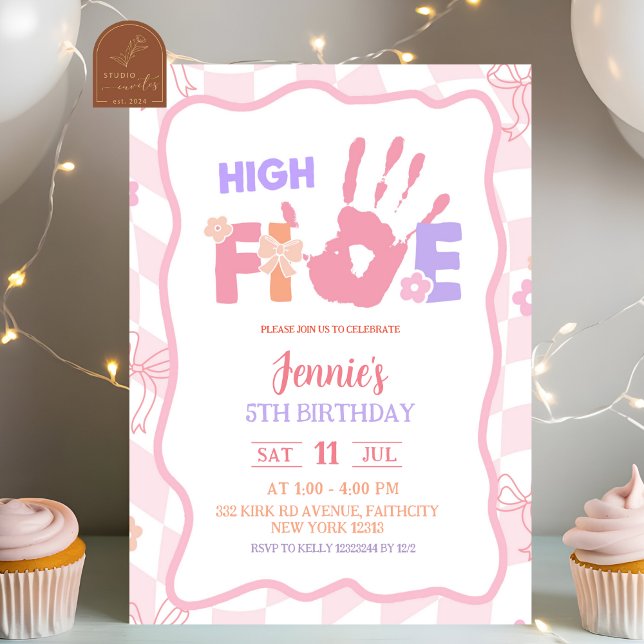 Convites Pink Bow Pastel Retro High Five Party Birthday (Criador carregado)