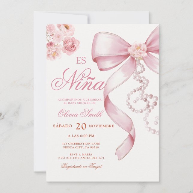 Convites Pink Bow Pearl Floral Es Nina Spanish Baby Shower  (Frente)