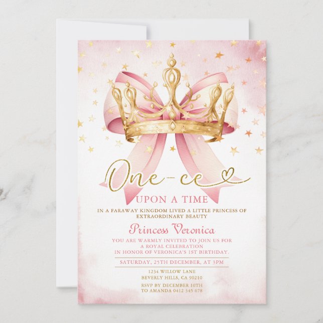 Convites Pink Bow Princess ONE-CE Upon a time 1st birthday (Frente)