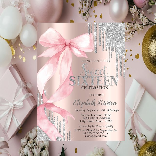 Convites Pink Bow Silver Glitter Drips Rose Gold Sweet 16 (Criador carregado)