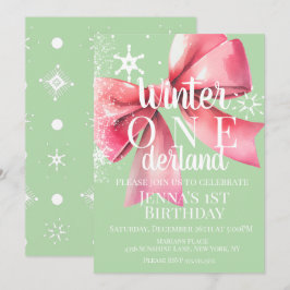 Convites Pink Bow Snowflake Snow Script First Birthday 
