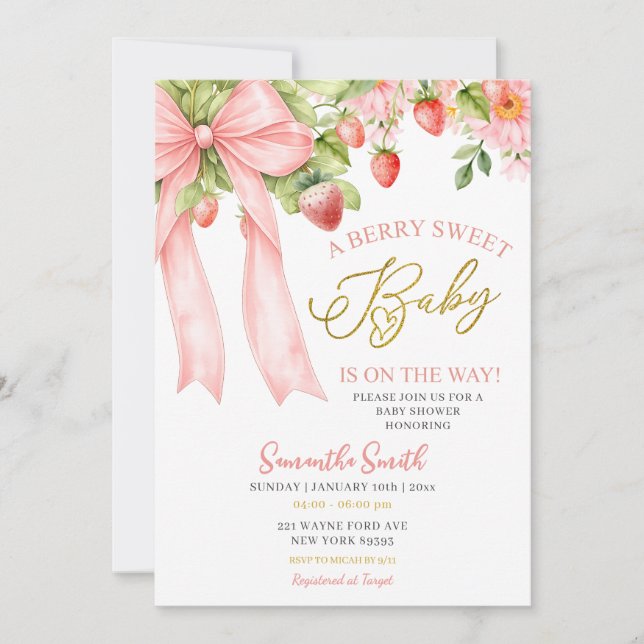 Convites Pink Bow Strawberry Baby Shower Invitation (Frente)