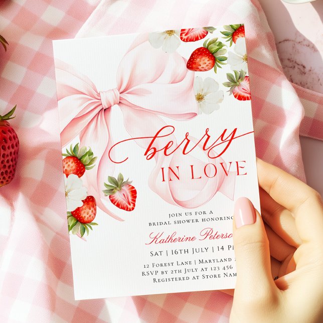 Convites Pink Bow Strawberry Bridal Shower Invitation (Criador carregado)
