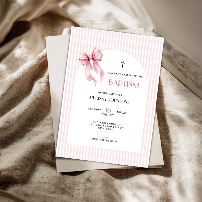 Convites Pink Bow Striped Baptism Invitation for Girls (Pink bow baptism invitation for girls. )
