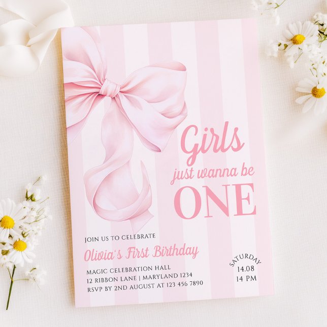 Convites Pink Bow Stripes First Birthday (Criador carregado)