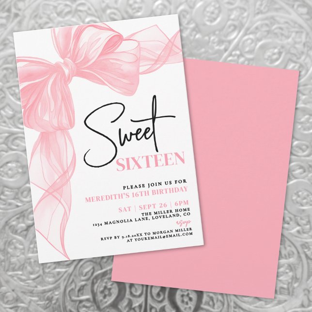 Convites Pink Bow Sweet Sixteen 16th Birthday (Pink Bow Sweet Sixteen 16th Birthday Invitation)