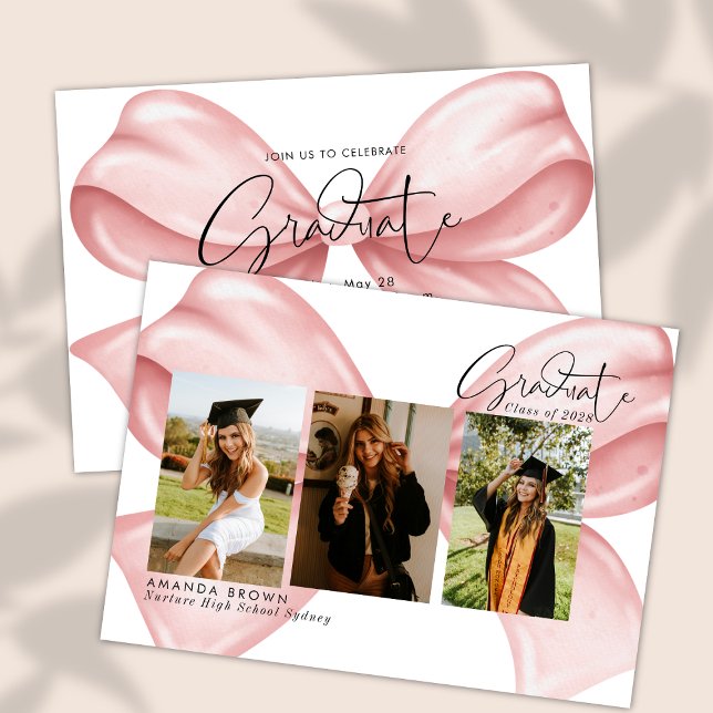 Convites Pink Bow Three Photo Graduation 2025 Invitation (Criador carregado)