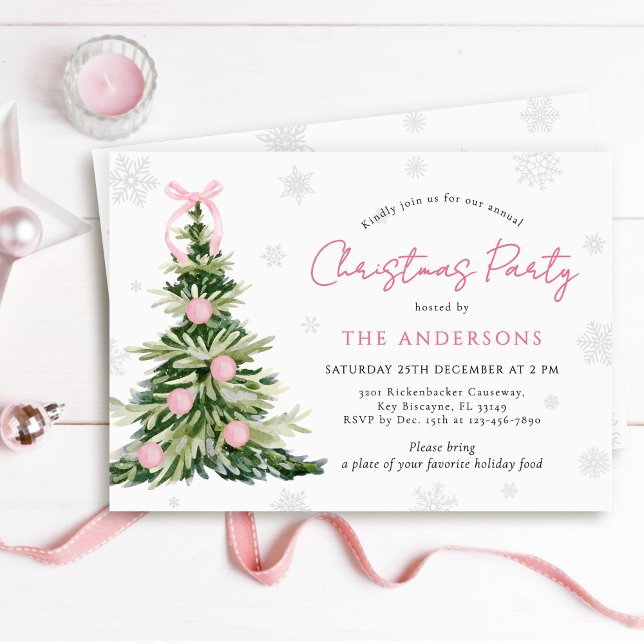 Convites Pink Bow Traditional Tree Christmas Party (Criador carregado)
