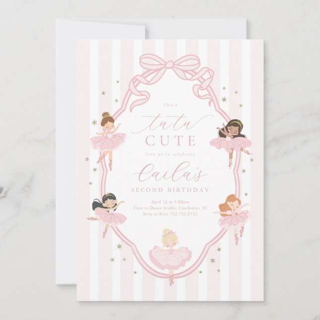 Convites Pink Bow Tutu Cute Ballerina Birthday Invitation (Frente)