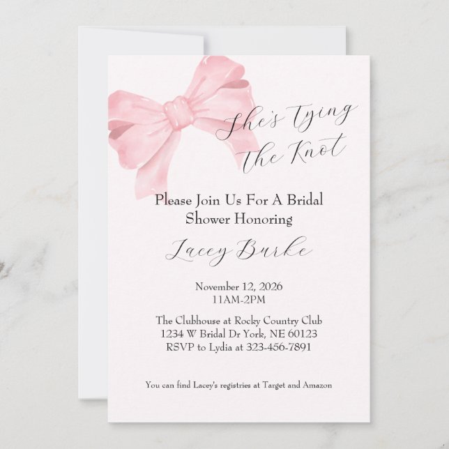 Convites Pink Bow Tying the Knot Bridal Shower Invitation - (Frente)