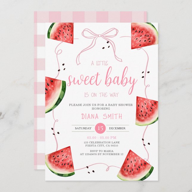 Convites Pink Bow Watermelon Baby Shower (Frente/Verso)