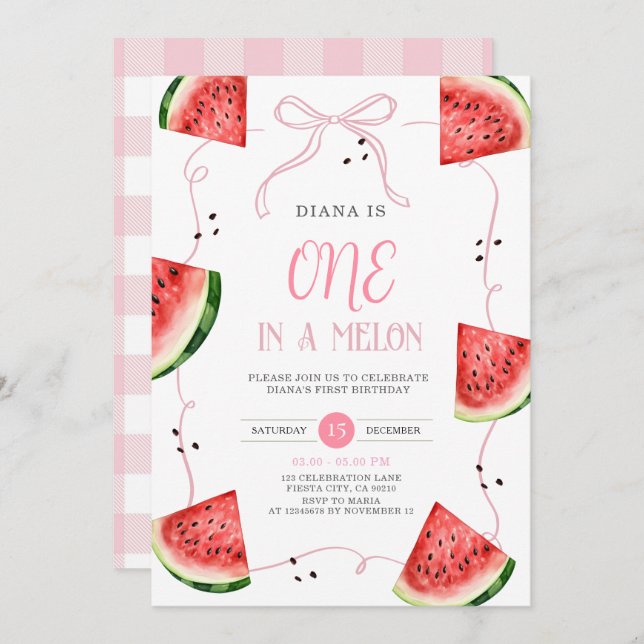 Convites Pink Bow Watermelon First Birthday Invitation (Frente/Verso)