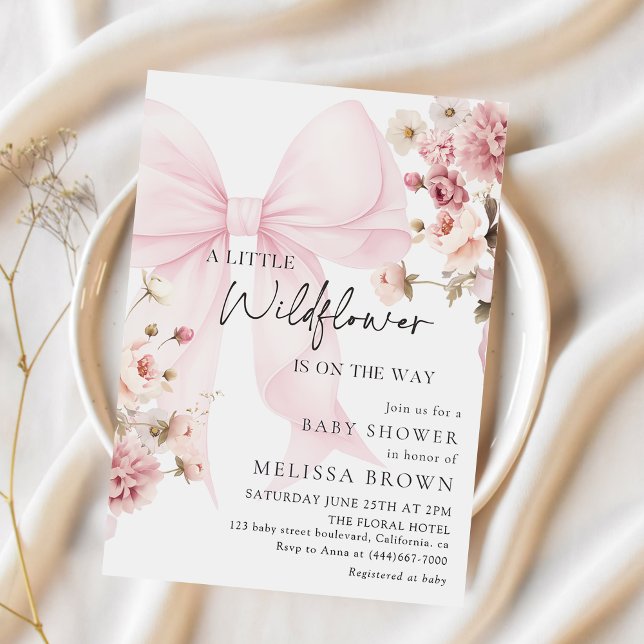 Convites Pink Bow Wildflower Baby Shower Invitation (Criador carregado)