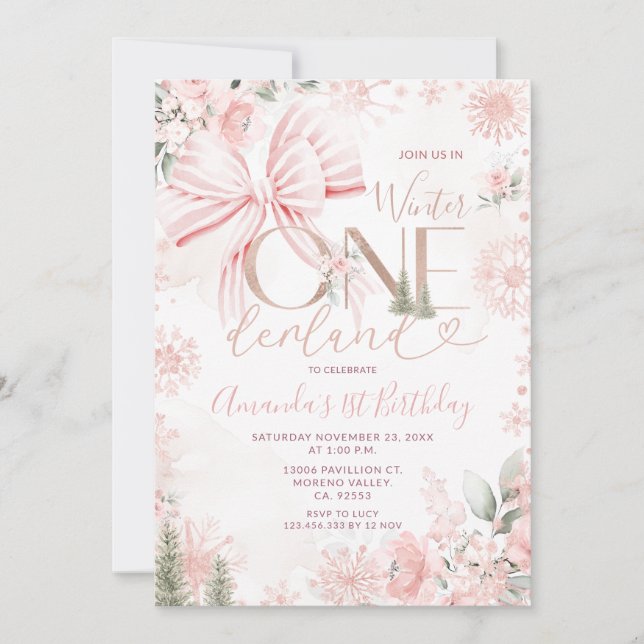 Convites Pink Bow Winter Onederland Floral First Birthday (Frente)