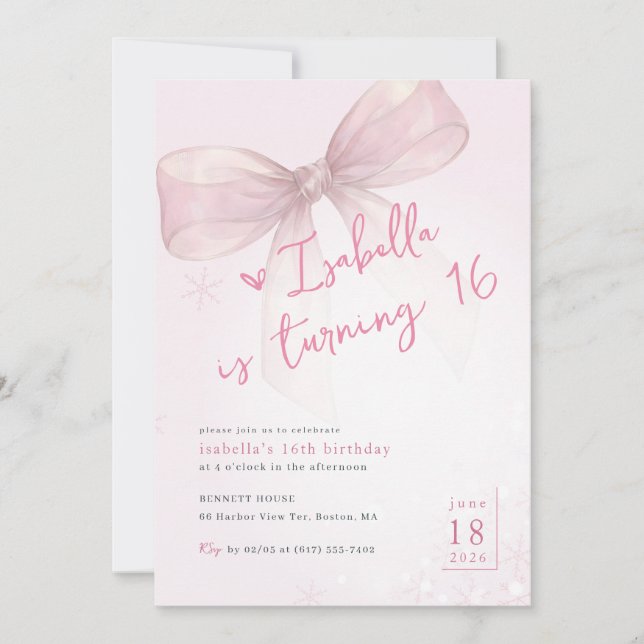 Convites Pink Bow Winter Snowflake Girl 16th Birthday (Frente)