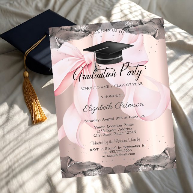 Convites Pink Bow Your Photo Rose Gold Graduation   (Criador carregado)