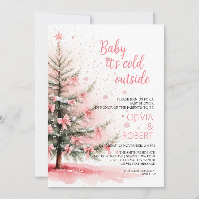 Convites Pink Bows and Christmas Tree Baby Shower (Frente)