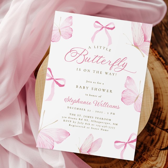 Convites Pink Bows Butterflies Baby Shower Invitation (Criador carregado)
