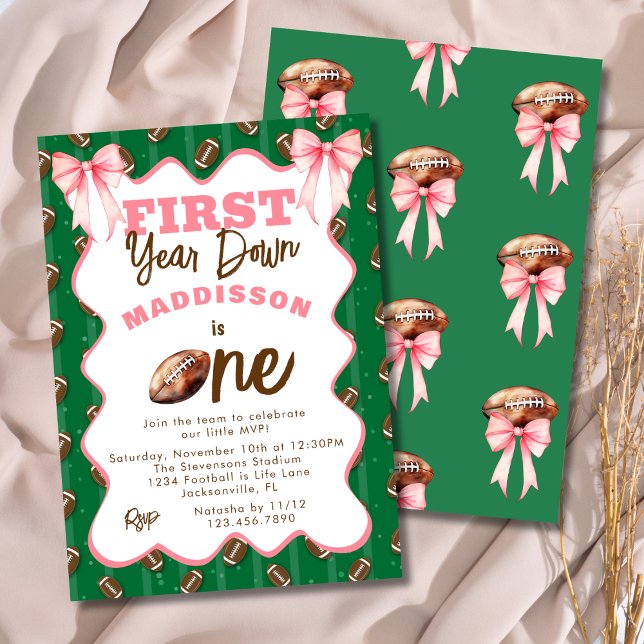 Convites Pink Bows First Year Down Football 1st Birthday  (Criador carregado)