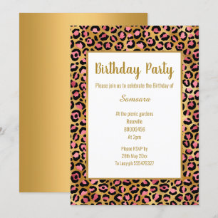 CONVITES PINK BRIGHT LEOPARD DOURADO TODO ANIVERSÁRIO DE O