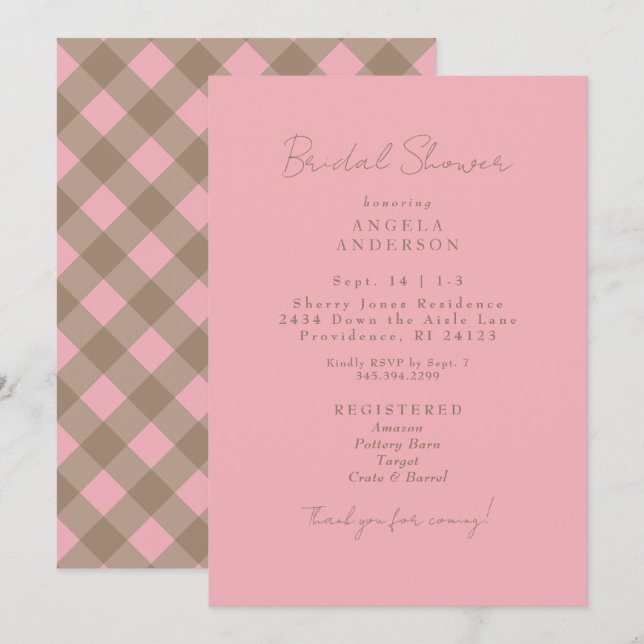 Convites Pink & Brown Gingham Bridal Shower (Frente/Verso)