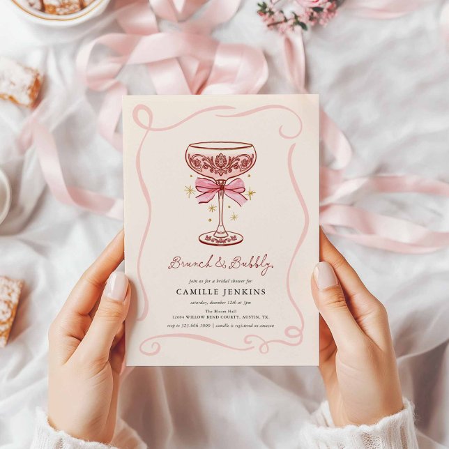 Convites Pink Brunch and Bubbly Bridal Shower Invitation (Pink and Burgundy Hand Drawn Brunch and Bubbly Bridal Shower Invitation)