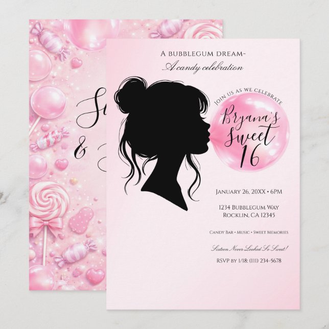 Convites Pink Bubblegum Dream Candy Sweet 16 Celebration   (Frente/Verso)