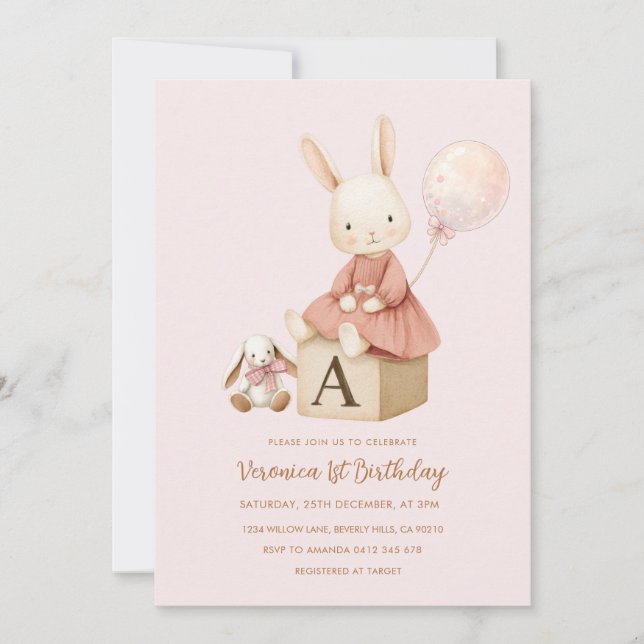 Convites Pink Bunny 1st Birthday (Frente)