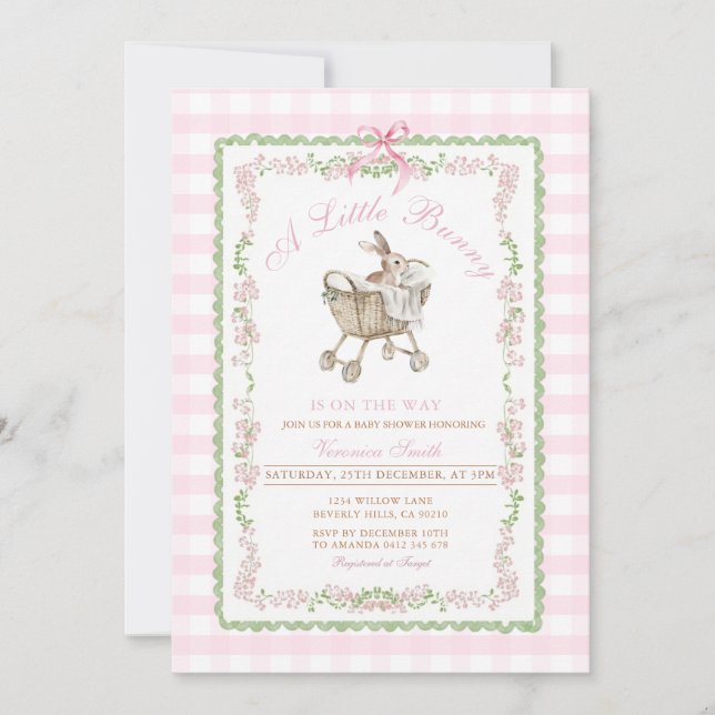 Convites Pink Bunny Baby Shower Watercolor Grandmillennial  (Frente)