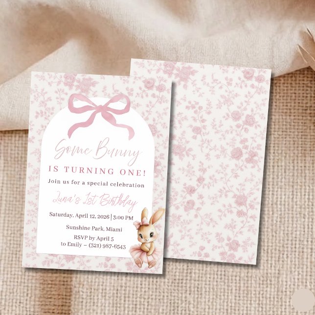 Convites Pink Bunny First Birthday Invitation Girl Party (Criador carregado)