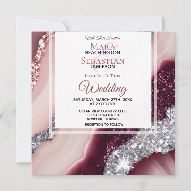 Convites *~* PINK BURGUNDY Agate RSVP QR AR66 Casamento (Frente)