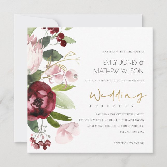 CONVITES PINK BURGUNDY PROTEA PEONY CASAMENTO FLORAL (Frente)