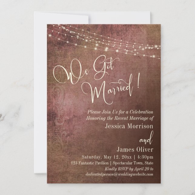 Convites Pink & Burlap Vintage Casamento Recepção (Frente)