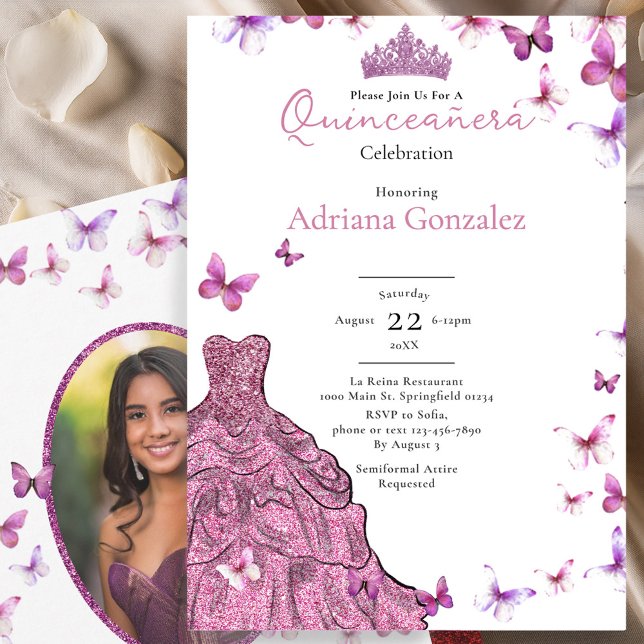 Convites Pink Butterflies Dress and Tiara Photo Quinceanera (Criador carregado)