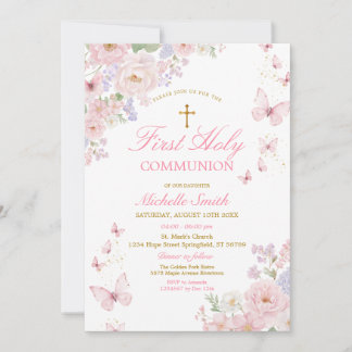 Convites Pink Butterflies Dusty Floral First Holy Communion