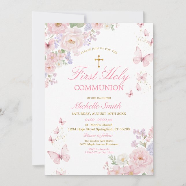 Convites Pink Butterflies Dusty Floral First Holy Communion (Frente)