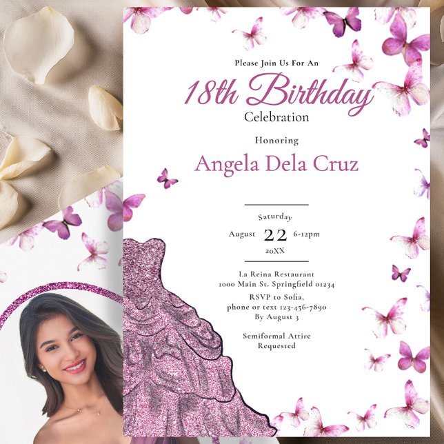 Convites Pink Butterflies Fancy Dress 18th Birthday Debut (Criador carregado)