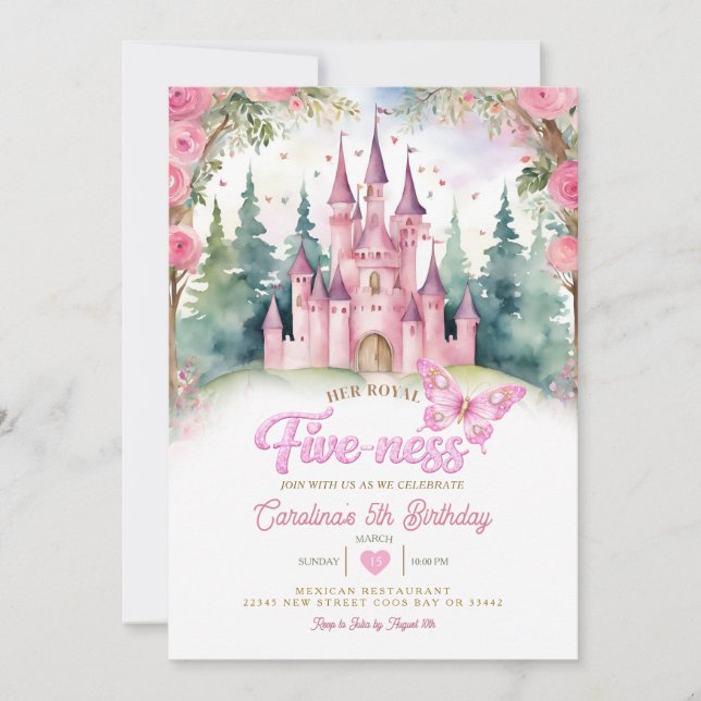 Convites Pink Butterfly Castle Her Royal Five-ness Birthday (Frente)