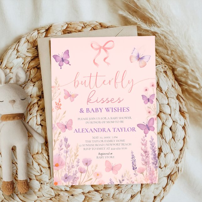 Convites pink Butterfly Kisses ribbon bow baby shower (Criador carregado)