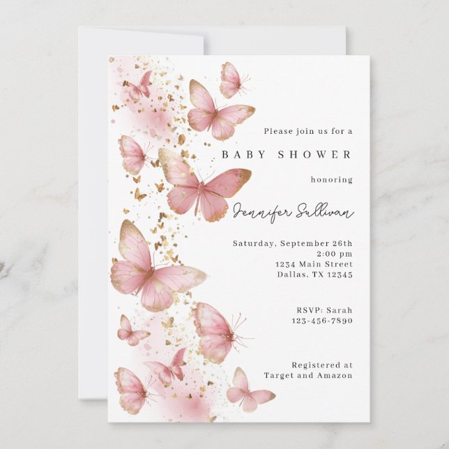 Convites Pink Butterfly Minimalist Baby Shower Invitation (Frente)