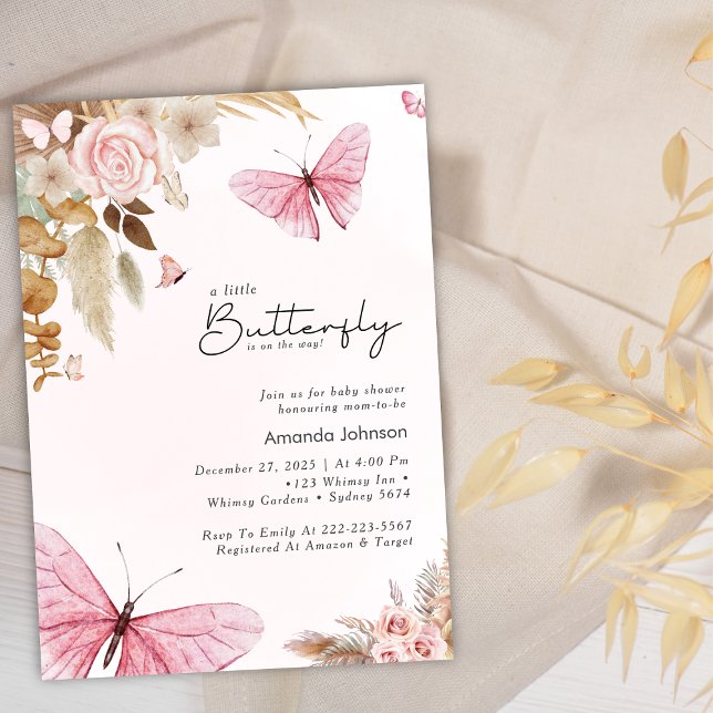 Convites Pink Butterfly Pampas Grass Bohemian Baby Shower  (Criador carregado)